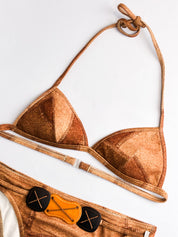 Onades 2000s Brown Faux Suede Patchwork Triangle Bikini Set - XS/S