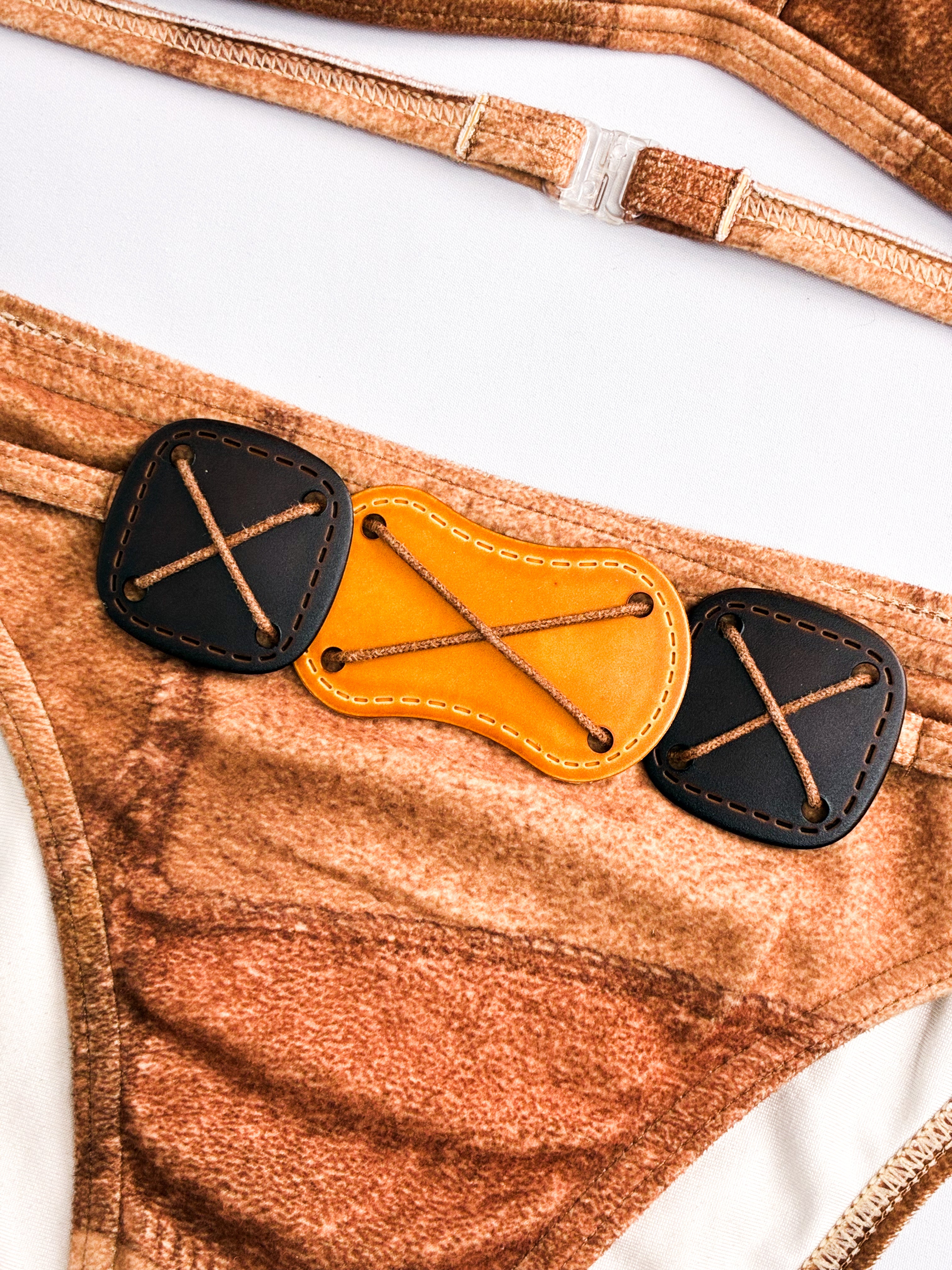 Onades 2000s Brown Faux Suede Patchwork Triangle Bikini Set - XS/S