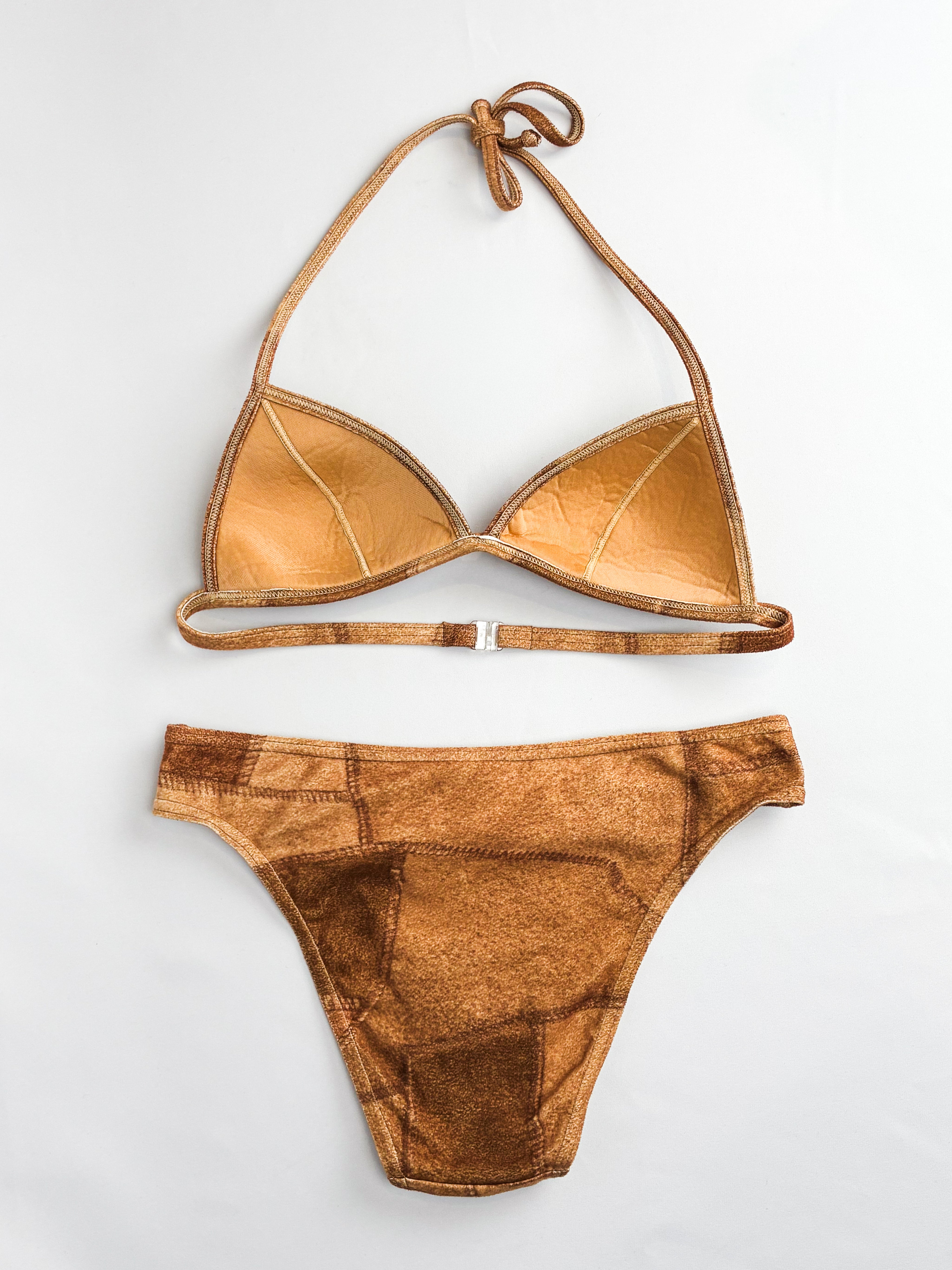 Onades 2000s Brown Faux Suede Patchwork Triangle Bikini Set - XS/S