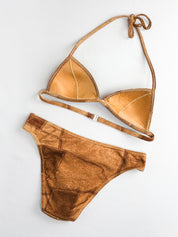 Onades 2000s Brown Faux Suede Patchwork Triangle Bikini Set - XS/S