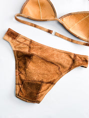 Onades 2000s Brown Faux Suede Patchwork Triangle Bikini Set - XS/S