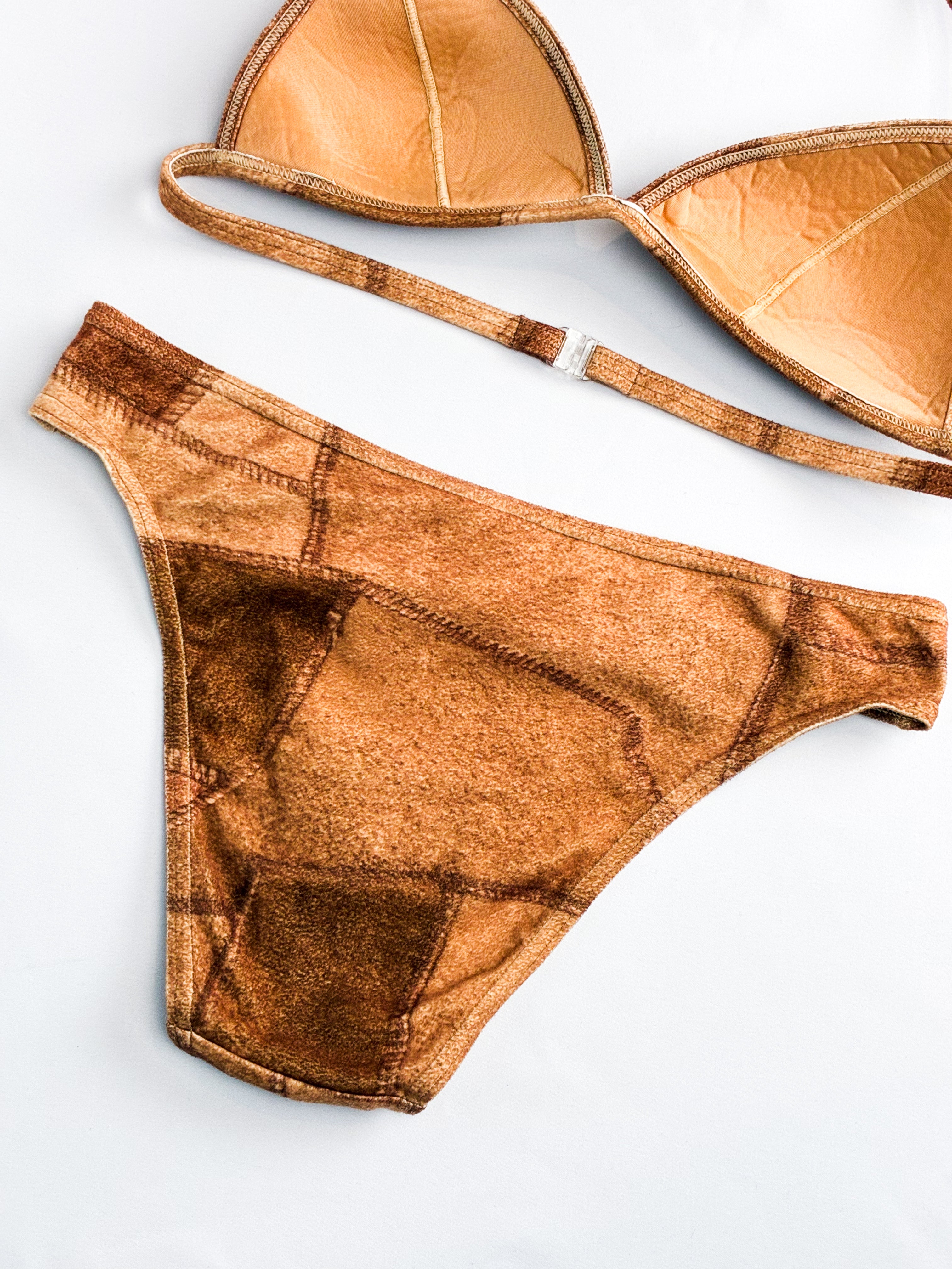 Onades 2000s Brown Faux Suede Patchwork Triangle Bikini Set - XS/S