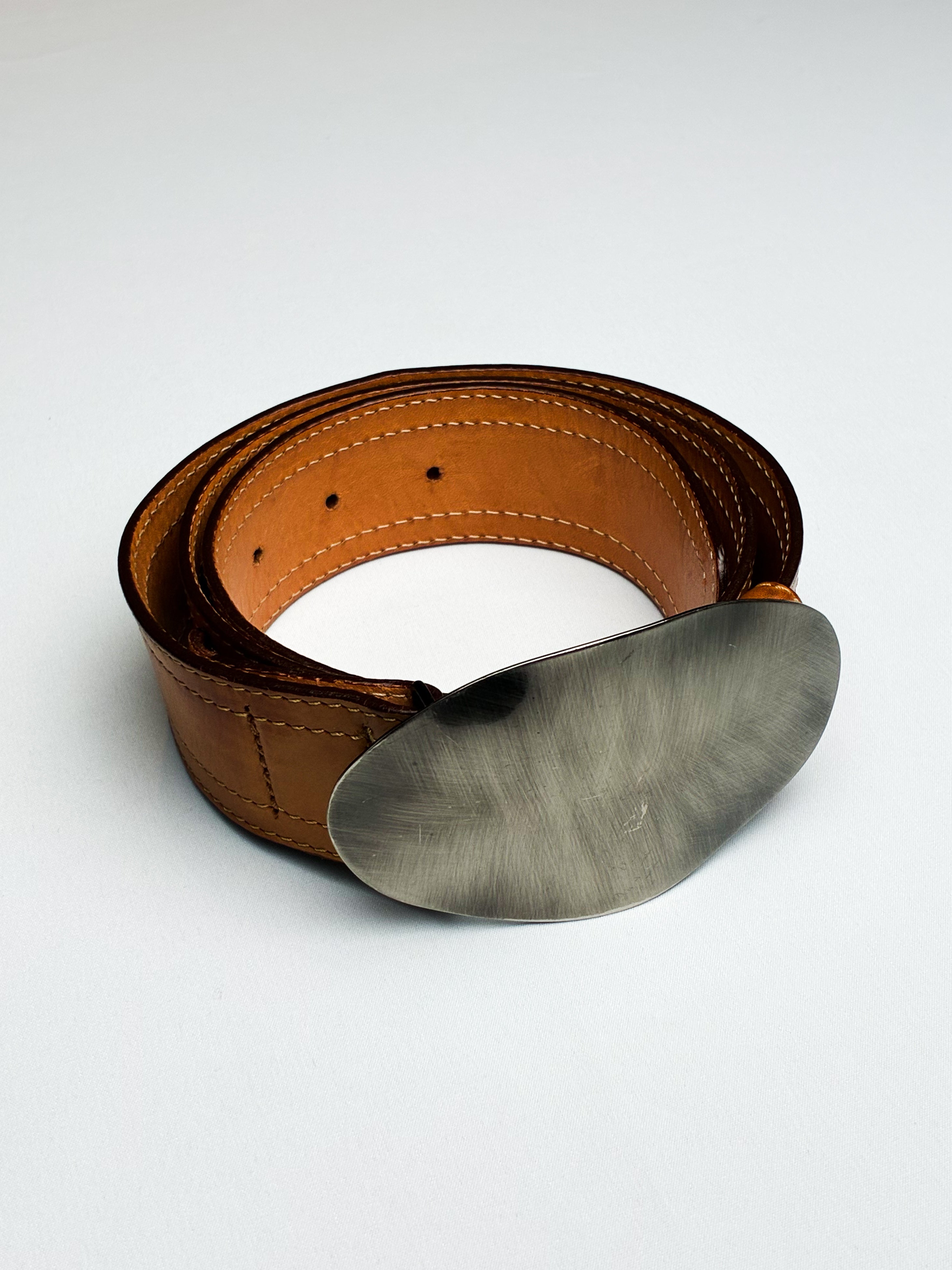 Lion Belts 2000s Tan Leather Belt with Sculptural Silver Buckle