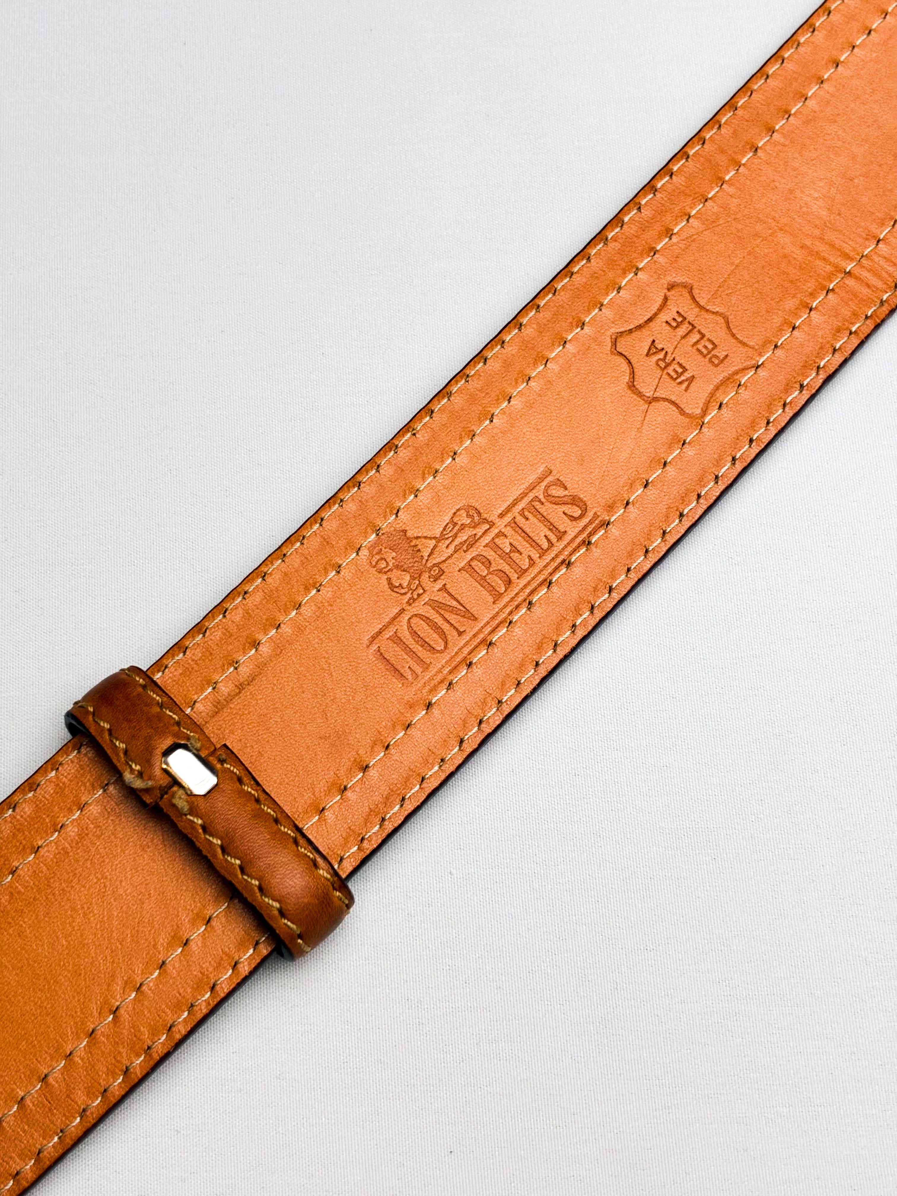 Lion Belts 2000s Tan Leather Belt with Sculptural Silver Buckle