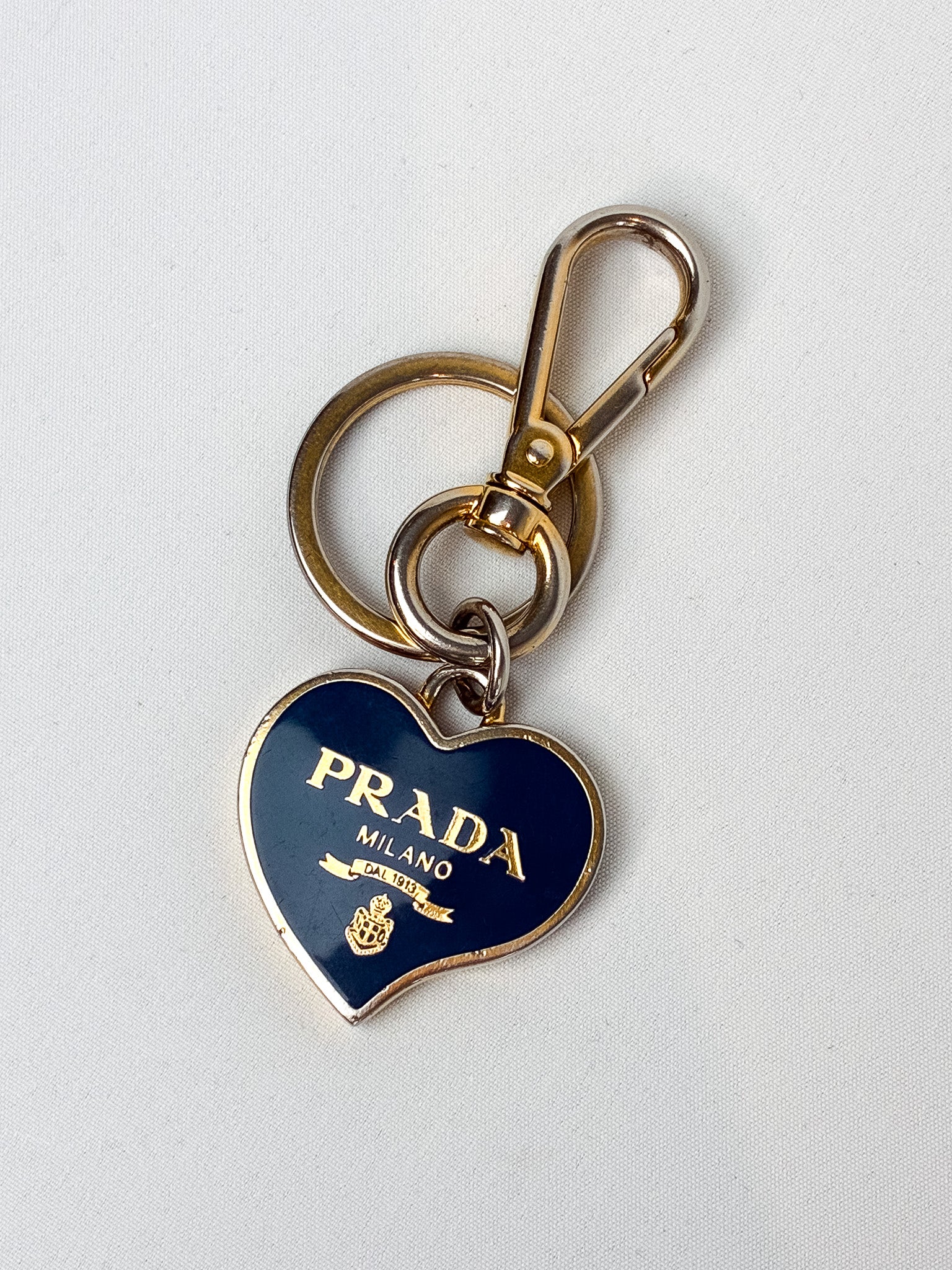 Prada 2000s Navy Enamel Logo Heart Keyring