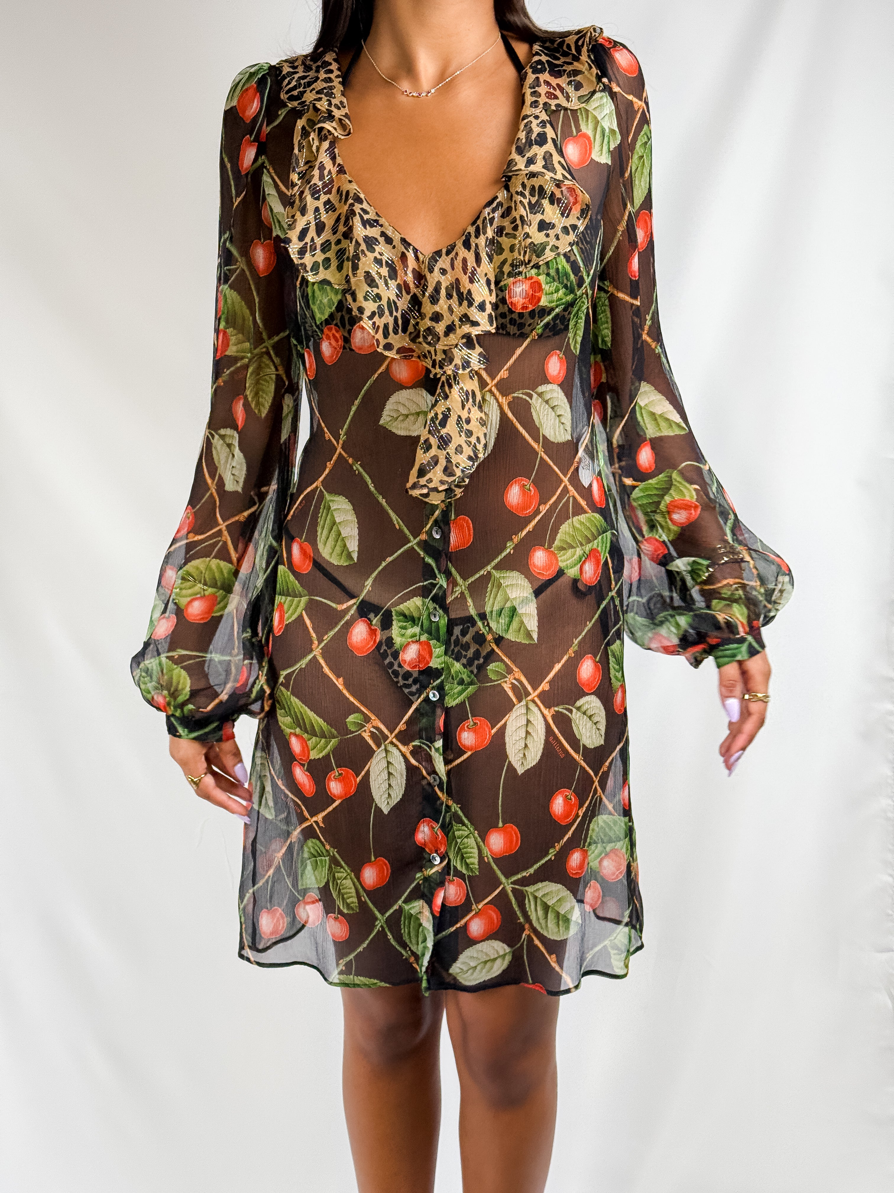 John Galliano F/W 2003 Cherry Leopard Silk Long Sleeve Dress – S