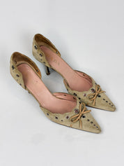 Prada 2000s Sage Suede Eyelet and Bow d'Orsay Pumps - EU 37.5