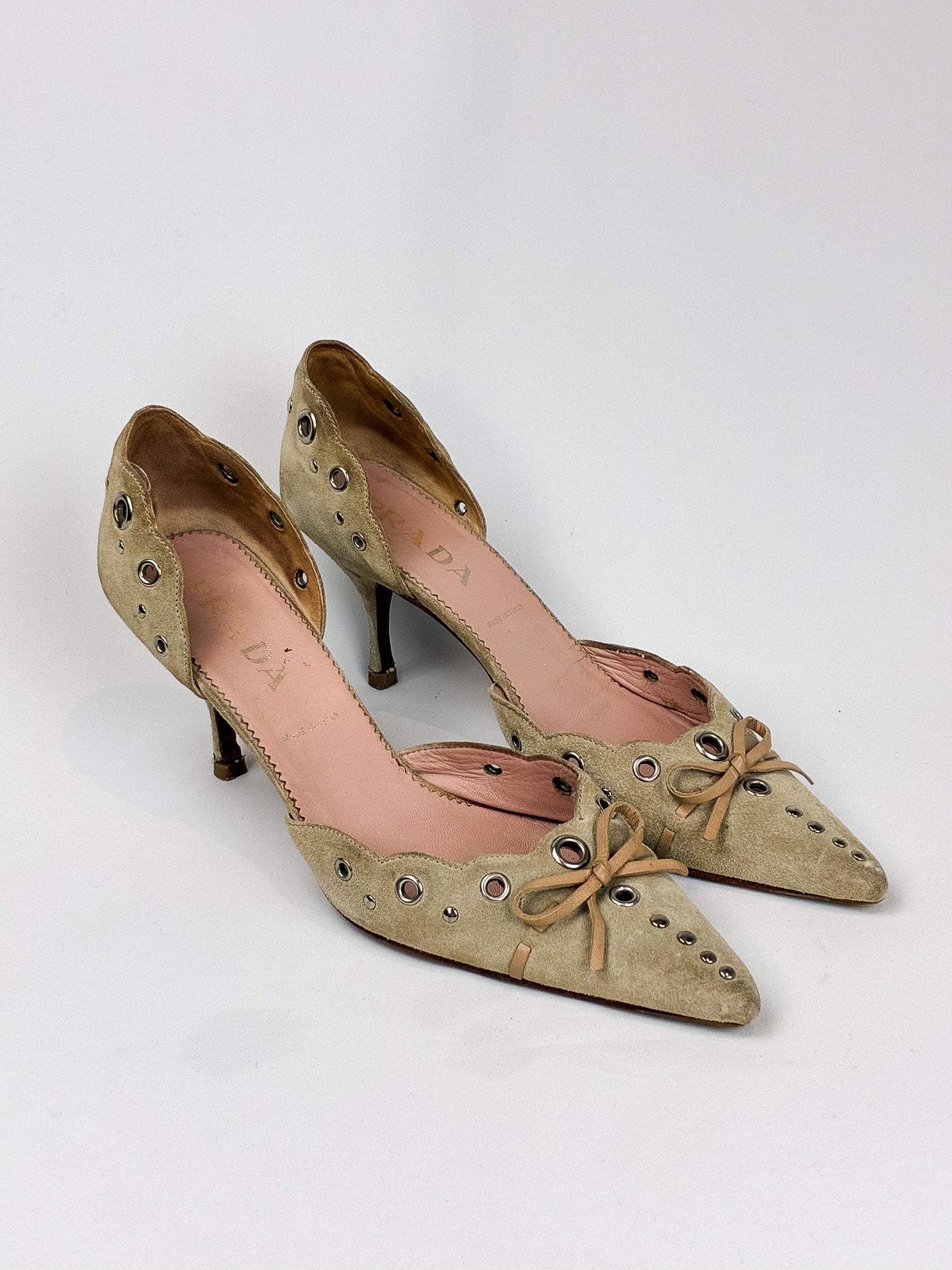 Prada 2000s Sage Suede Eyelet and Bow d'Orsay Pumps - EU 37.5