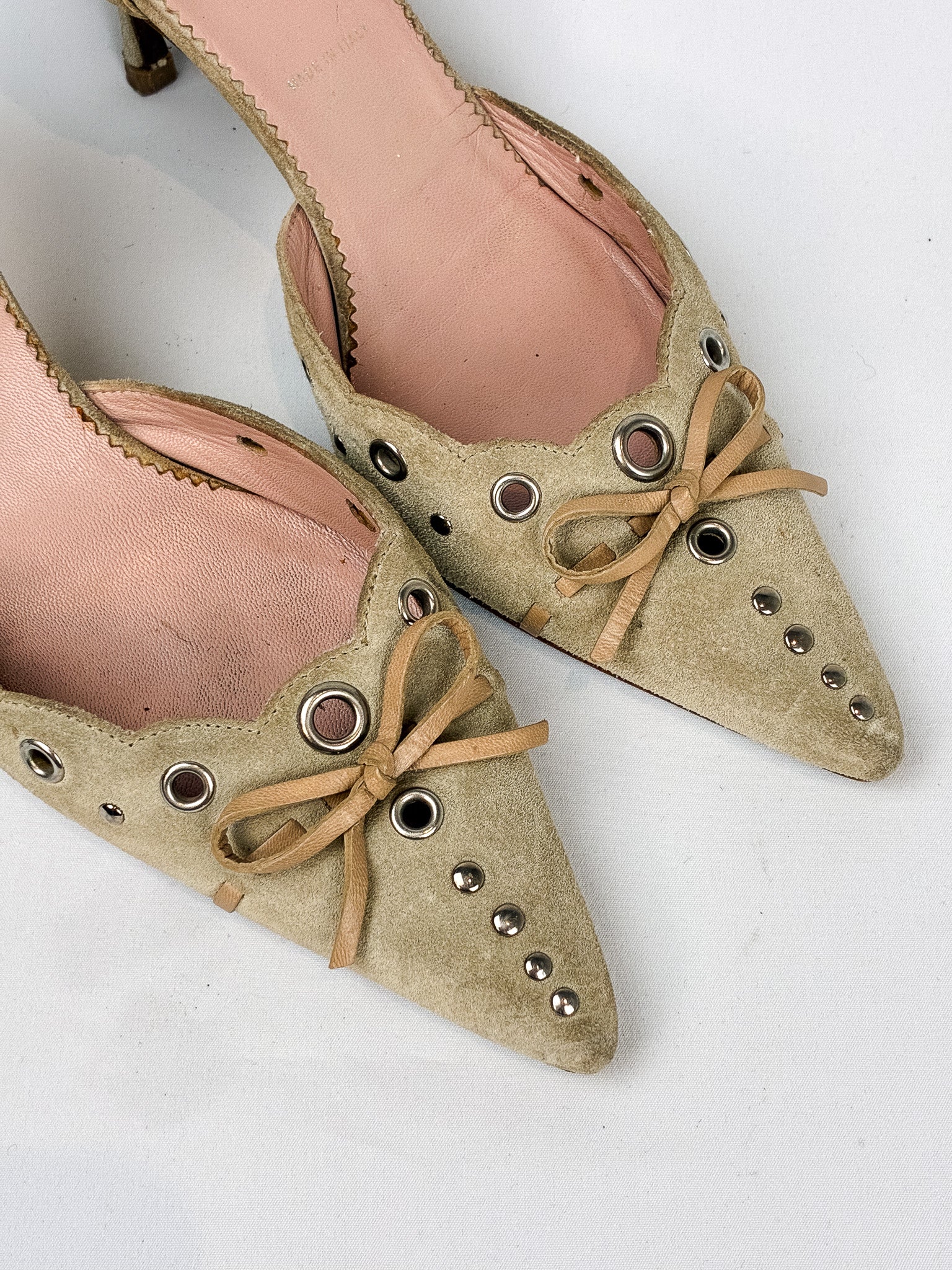 Prada 2000s Sage Suede Eyelet and Bow d'Orsay Pumps - EU 37.5