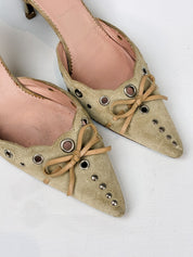 Prada 2000s Sage Suede Eyelet and Bow d'Orsay Pumps - EU 37.5