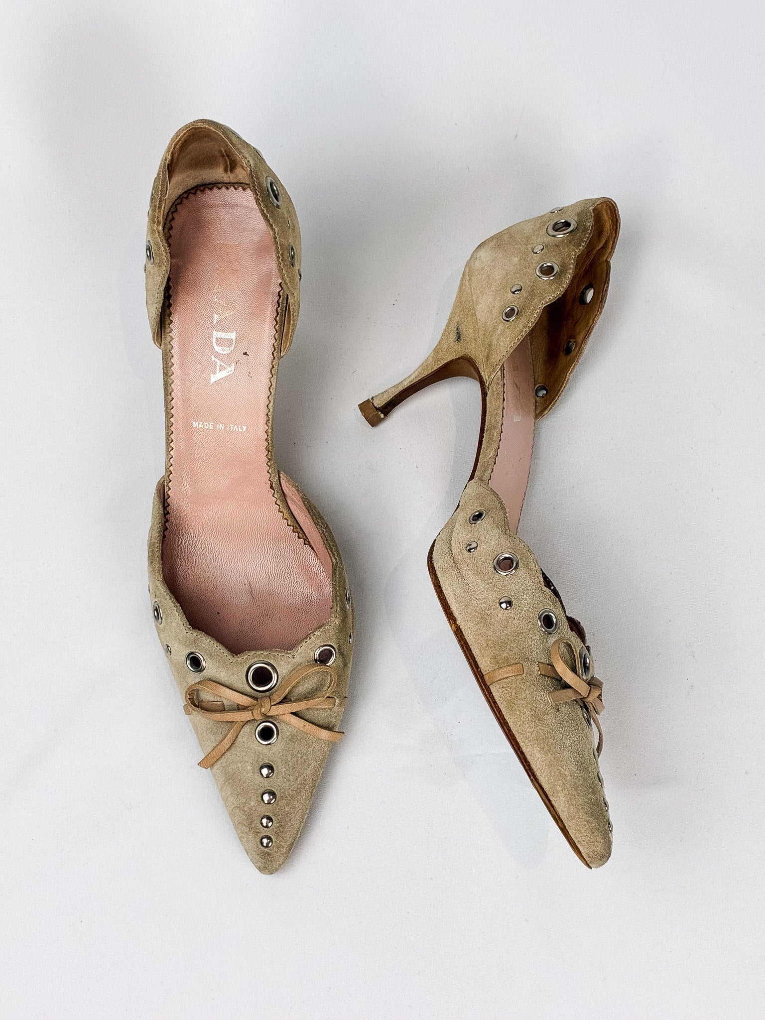 Prada 2000s Sage Suede Eyelet and Bow d'Orsay Pumps - EU 37.5