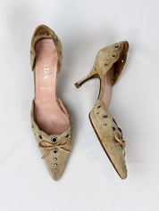 Prada 2000s Sage Suede Eyelet and Bow d'Orsay Pumps - EU 37.5