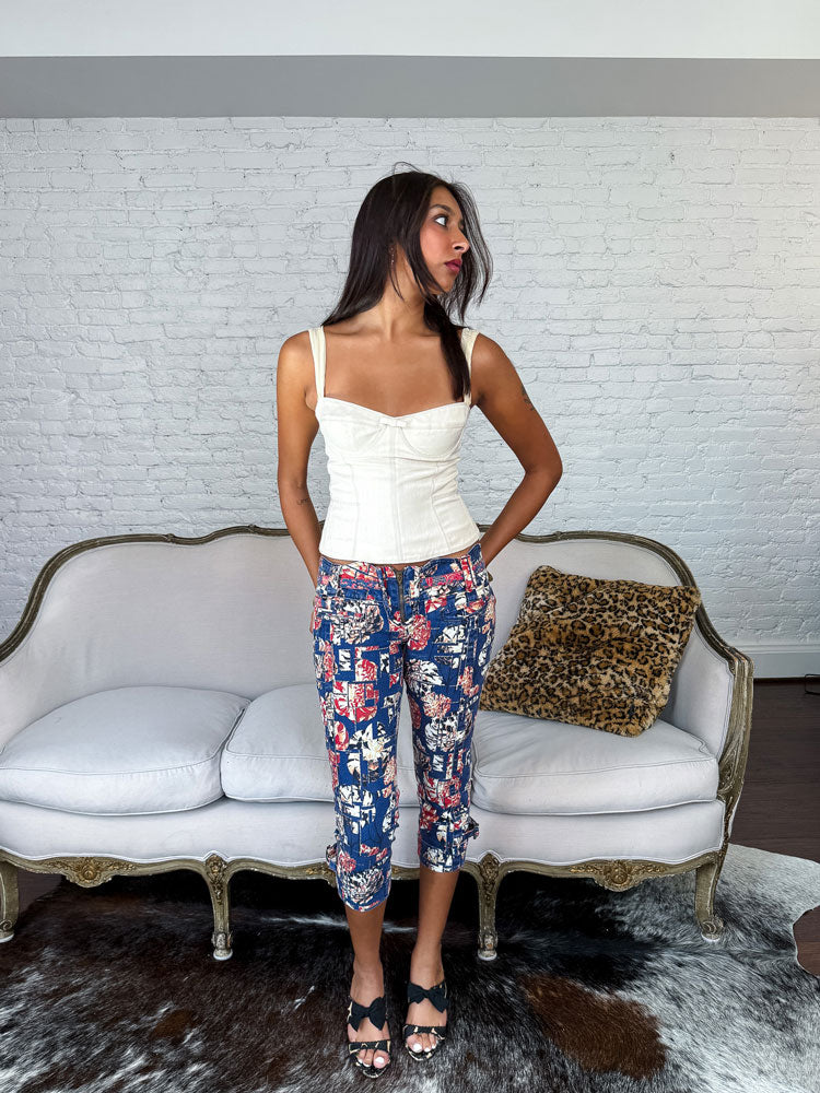 Just Cavalli 2005 Red & Navy Floral Patchwork Capri Pants