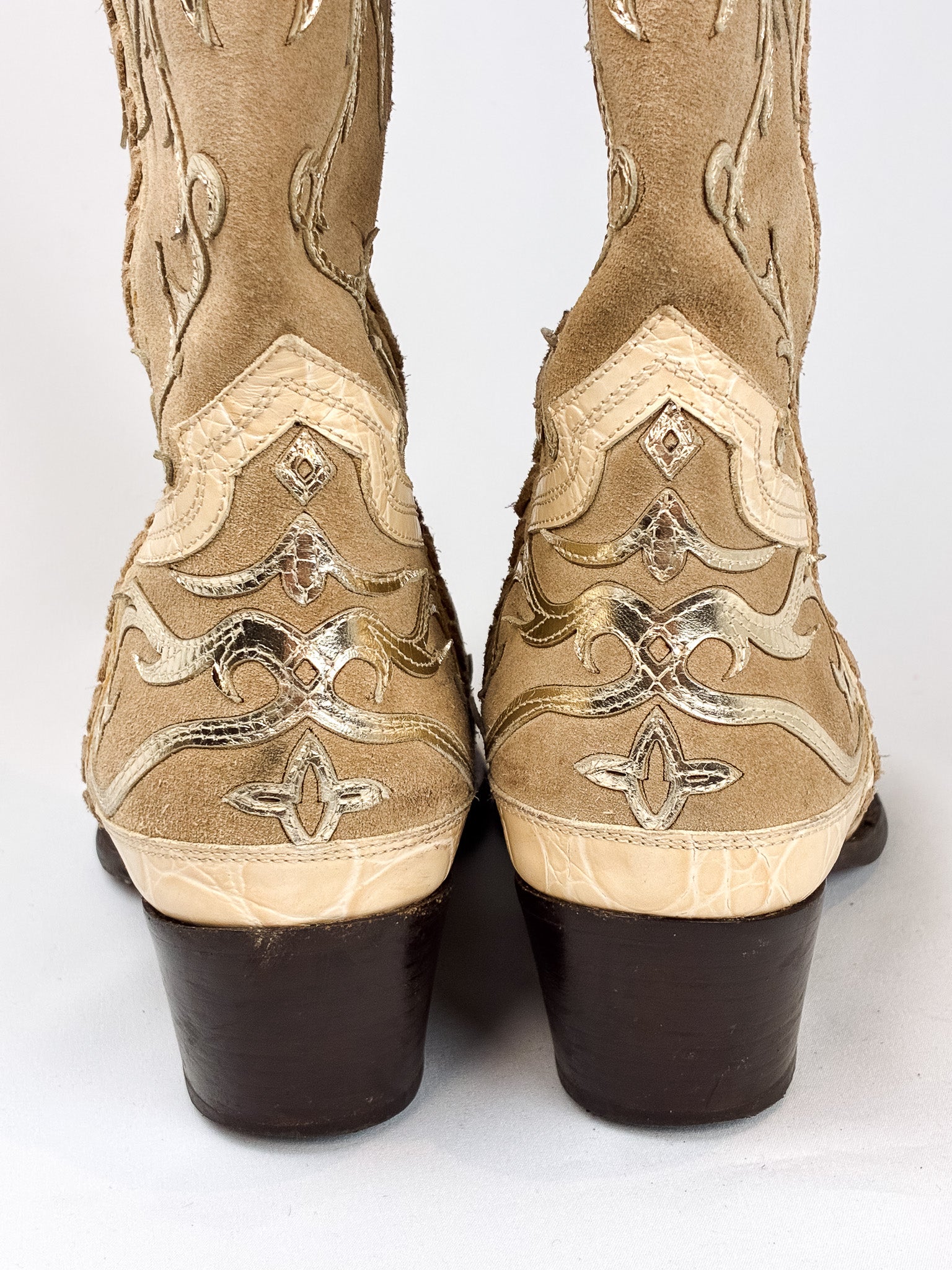 2000s Tan Suede and Gold Inlay Western Boots - EU 39.5