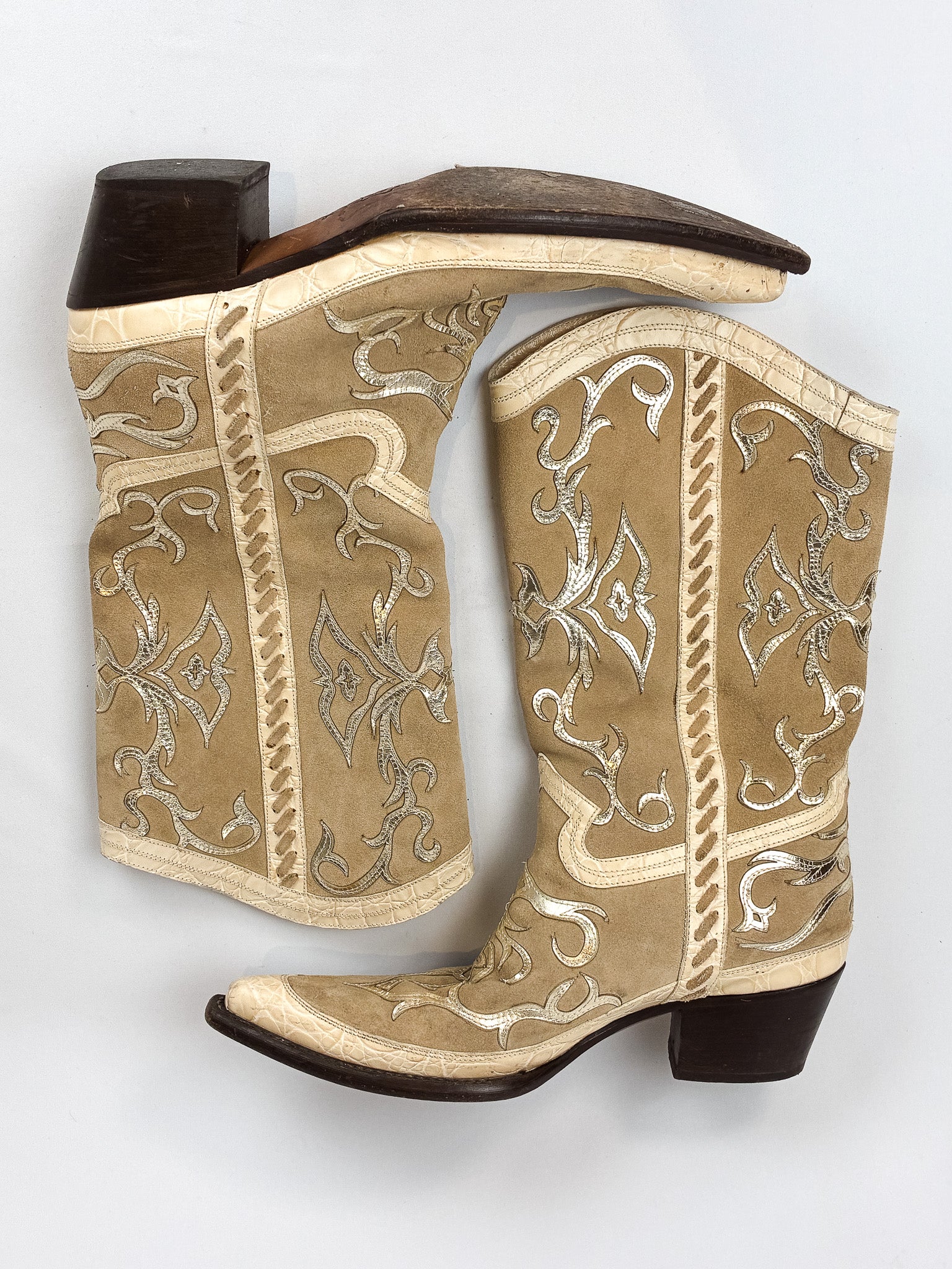 2000s Tan Suede and Gold Inlay Western Boots - EU 39.5