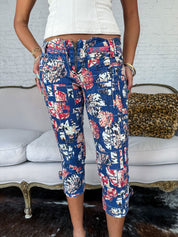 Just Cavalli 2005 Red & Navy Floral Patchwork Capri Pants