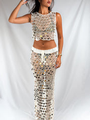 2000s Cream Silver Paillette Crochet Crop Top & Maxi Skirt Set - S/M