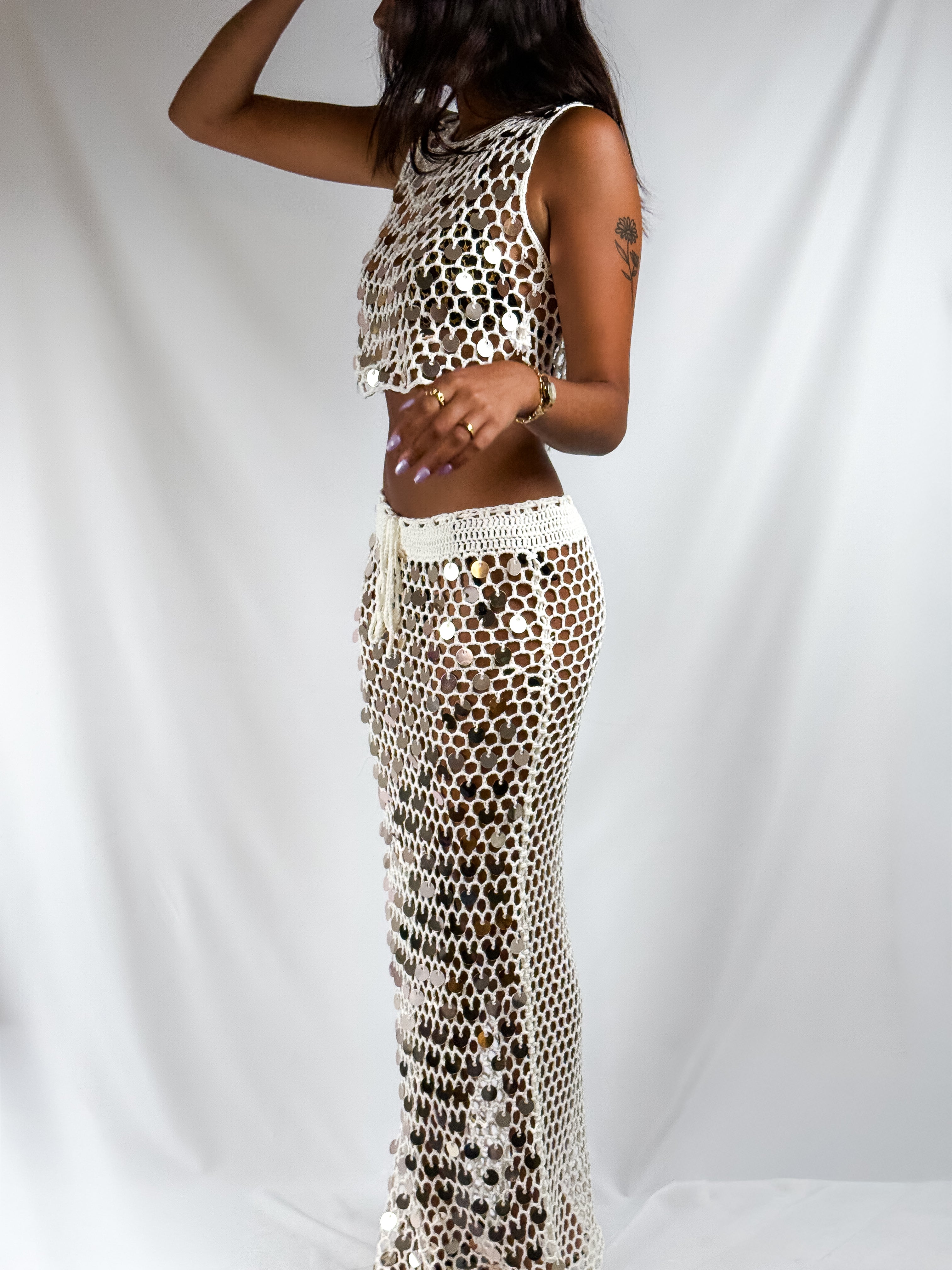 2000s Cream Silver Paillette Crochet Crop Top & Maxi Skirt Set - S/M