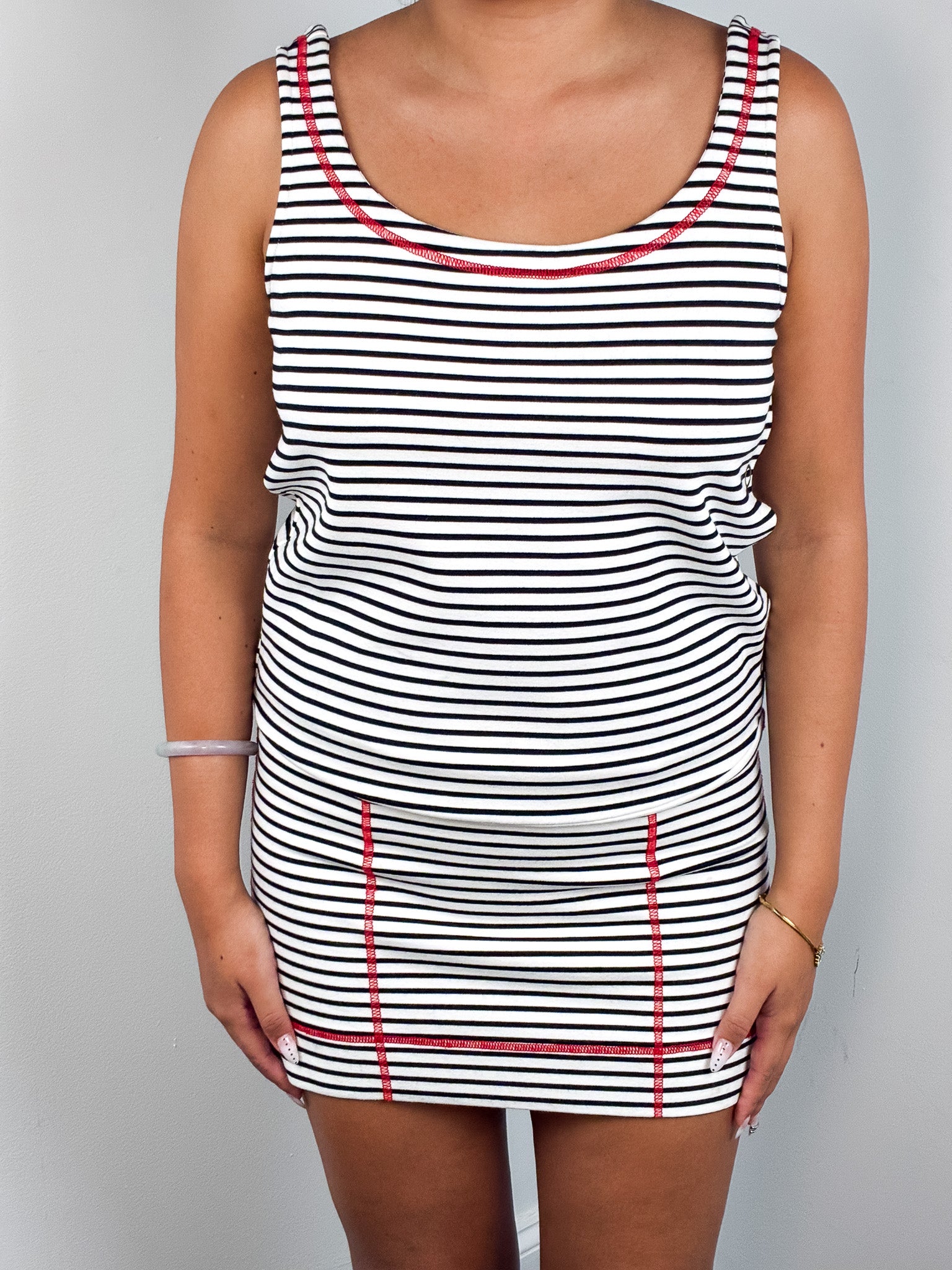 Moschino Cheap and Chic 2000s Black & White Striped Red Contrast Stitch Mini Dress - S