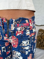 Just Cavalli 2005 Red & Navy Floral Patchwork Capri Pants