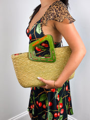 Miss Sixty 2000s Green Straw Wood Handle Tote