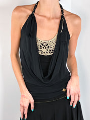 Enzo Loco 2000s Black & Gold Crochet Halter Top & Bubble Skirt Set - S/M