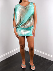 Enzo Loco 2000s Turquoise Tie-Dye Draped One-Shoulder Mini Dress - M/L