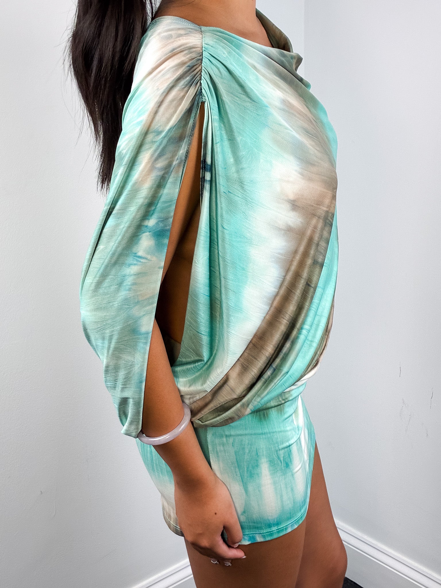 Enzo Loco 2000s Turquoise Tie-Dye Draped One-Shoulder Mini Dress - M/L