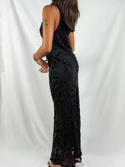 Aria.A 2000s Black Floral Burnout Velvet Beaded Maxi Dress - XS to XL