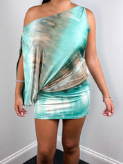 Enzo Loco 2000s Turquoise Tie-Dye Draped One-Shoulder Mini Dress - M/L