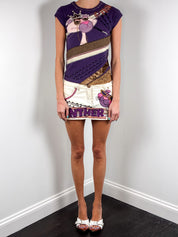 Pinko 2000s Pink Panther Appliqué Purple Top & Cream Denim Mini Skirt Set - S/M