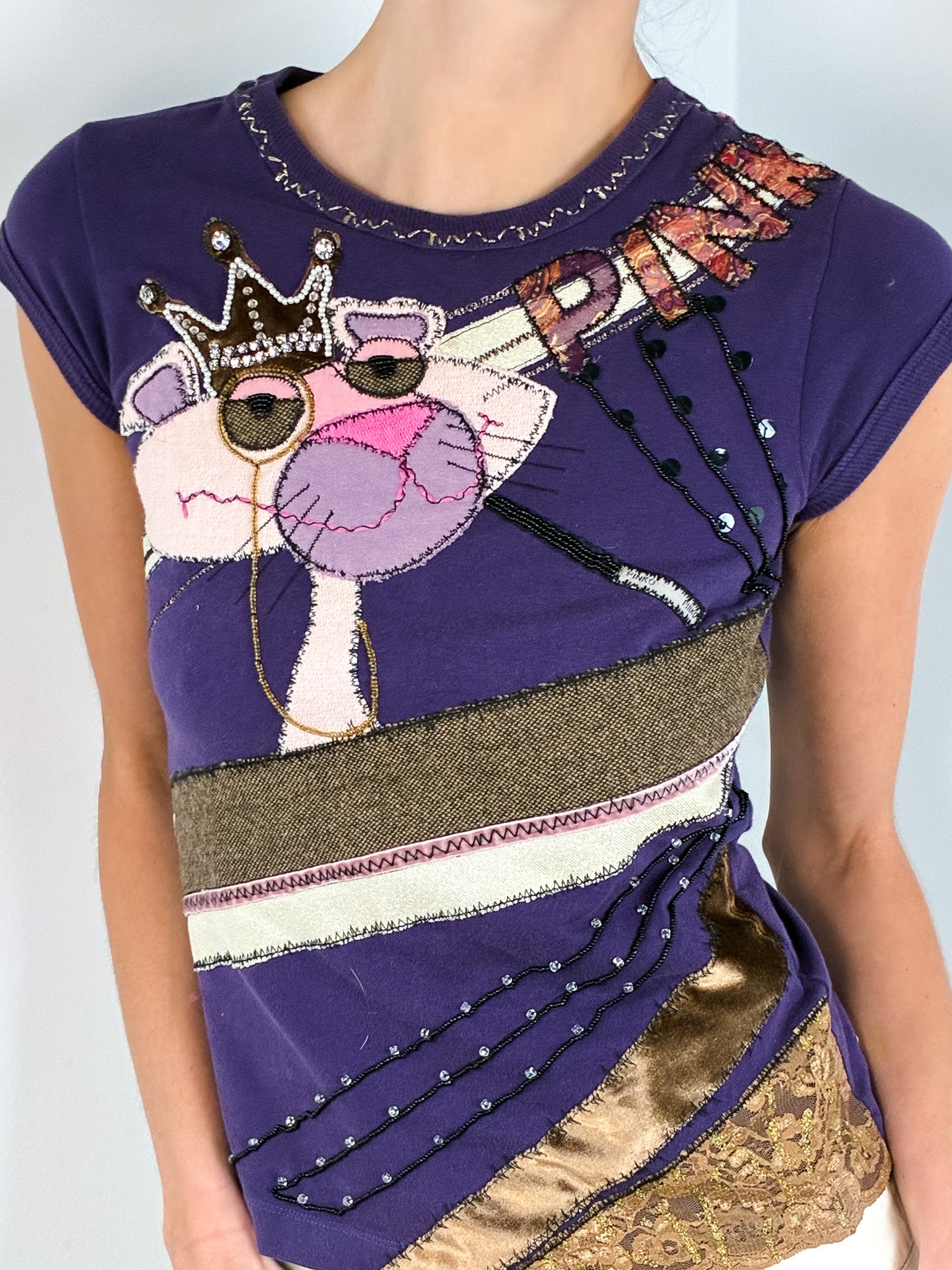 Pinko 2000s Pink Panther Appliqué Purple Top & Cream Denim Mini Skirt Set - S/M