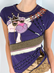 Pinko 2000s Pink Panther Appliqué Purple Top & Cream Denim Mini Skirt Set - S/M