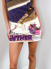 Pinko 2000s Pink Panther Appliqué Purple Top & Cream Denim Mini Skirt Set - S/M