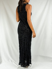 Aria.A 2000s Black Floral Burnout Velvet Beaded Maxi Dress - XS to XL