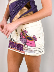 Pinko 2000s Pink Panther Appliqué Purple Top & Cream Denim Mini Skirt Set - S/M