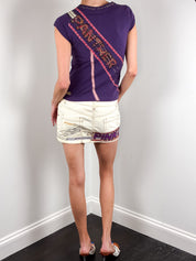 Pinko 2000s Pink Panther Appliqué Purple Top & Cream Denim Mini Skirt Set - S/M