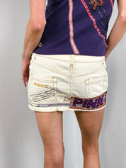 Pinko 2000s Pink Panther Appliqué Purple Top & Cream Denim Mini Skirt Set - S/M