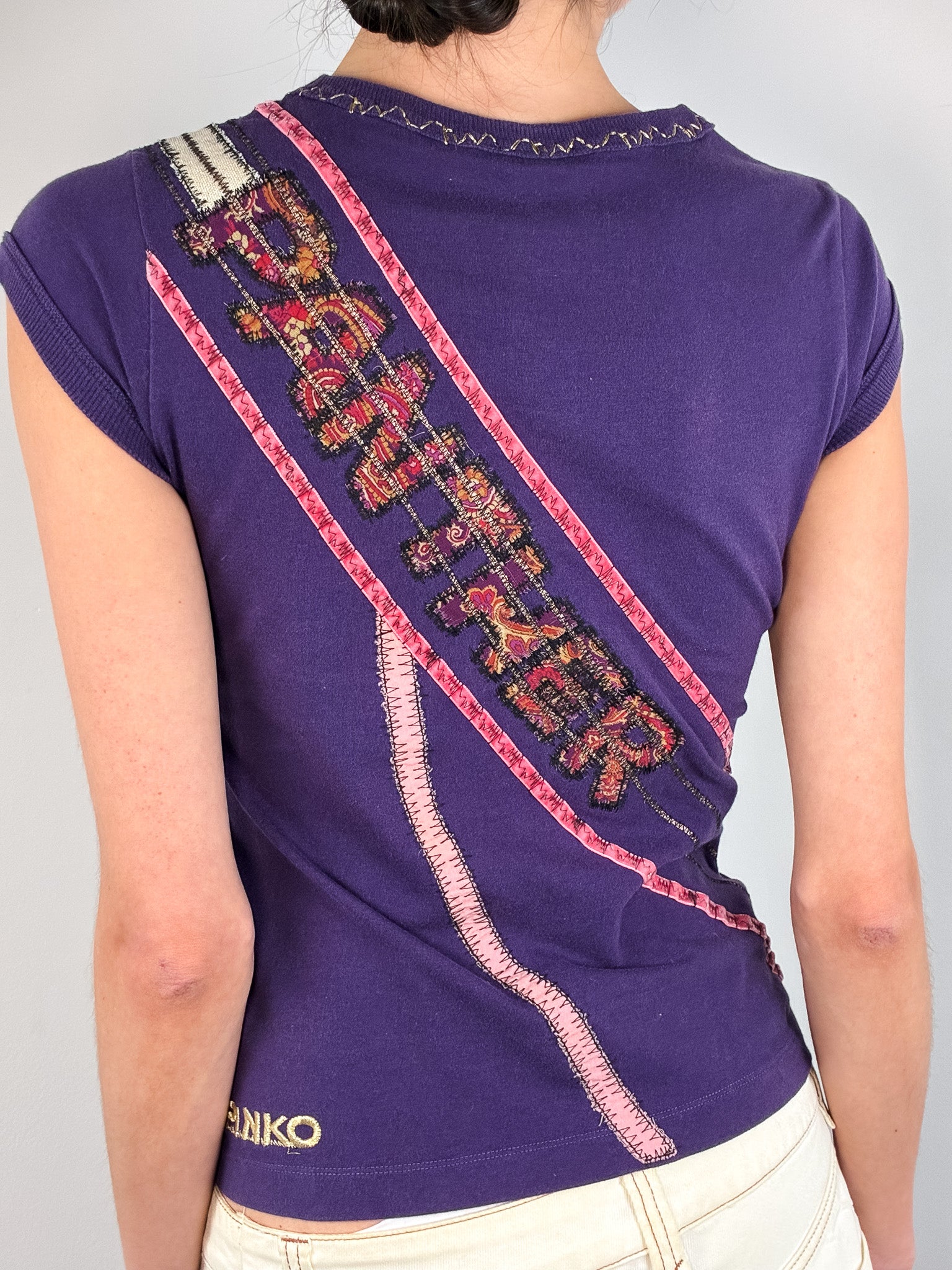 Pinko 2000s Pink Panther Appliqué Purple Top & Cream Denim Mini Skirt Set - S/M