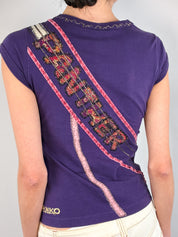 Pinko 2000s Pink Panther Appliqué Purple Top & Cream Denim Mini Skirt Set - S/M