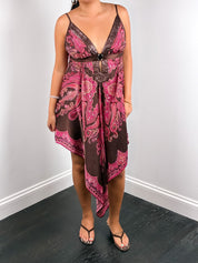 Derhy 2000s Paisley Print Sequin-Bib Handkerchief-Hem Dress - M