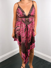 Derhy 2000s Paisley Print Sequin-Bib Handkerchief-Hem Dress - M