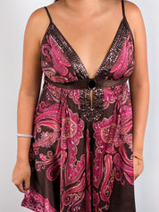 Derhy 2000s Paisley Print Sequin-Bib Handkerchief-Hem Dress - M