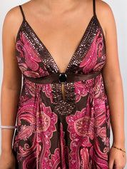 Derhy 2000s Paisley Print Sequin-Bib Handkerchief-Hem Dress - M