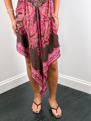 Derhy 2000s Paisley Print Sequin-Bib Handkerchief-Hem Dress - M
