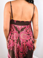 Derhy 2000s Paisley Print Sequin-Bib Handkerchief-Hem Dress - M