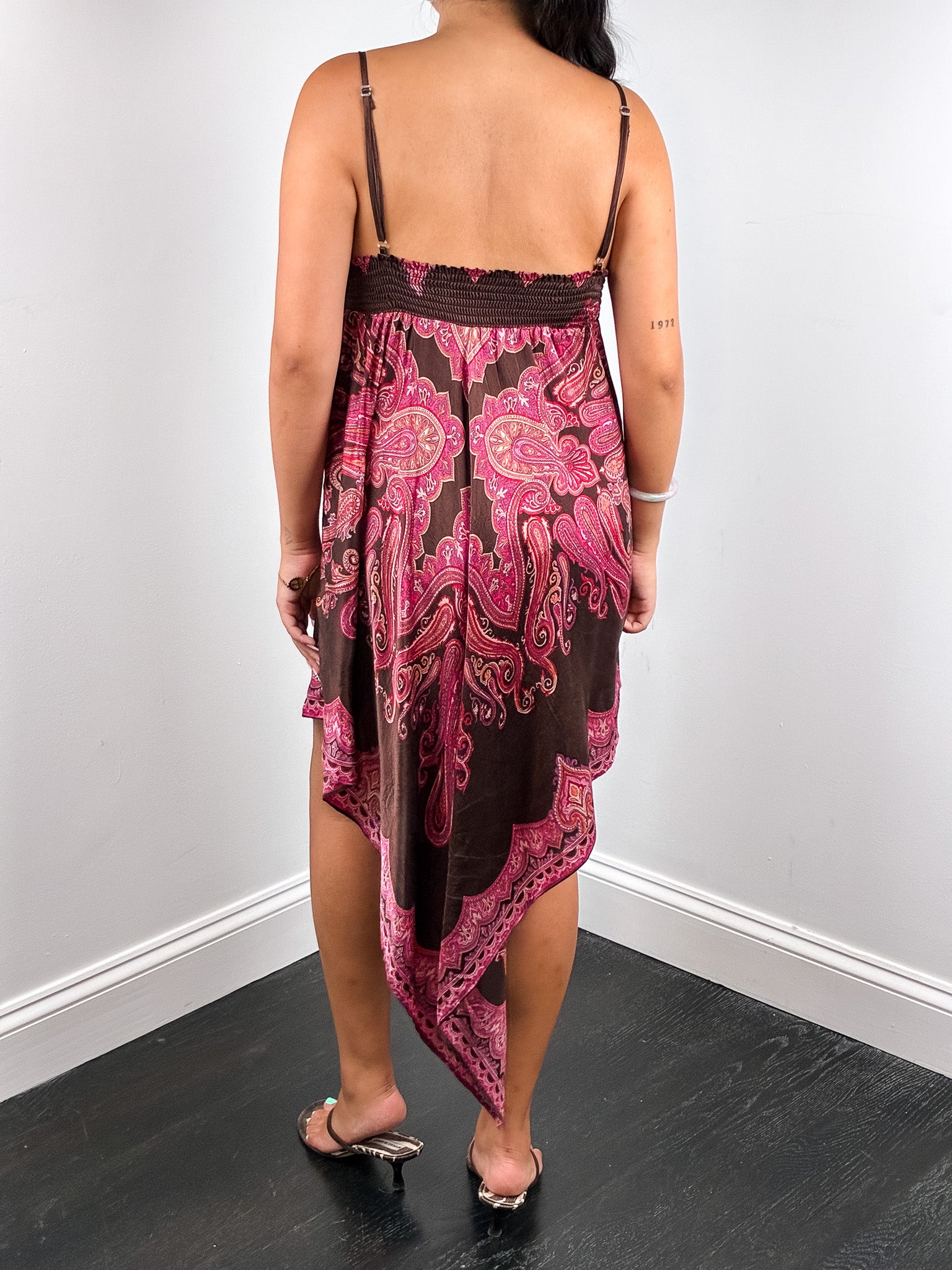 Derhy 2000s Paisley Print Sequin-Bib Handkerchief-Hem Dress - M