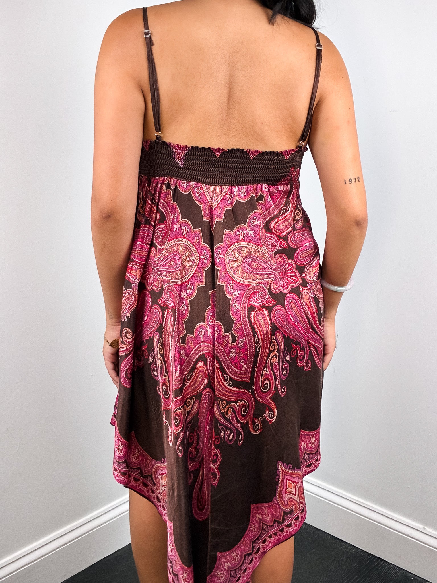 Derhy 2000s Paisley Print Sequin-Bib Handkerchief-Hem Dress - M