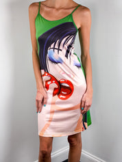 Miss Sixty 2000s Green Manga Print Slip Dress - S/M