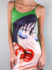 Miss Sixty 2000s Green Manga Print Slip Dress - S/M